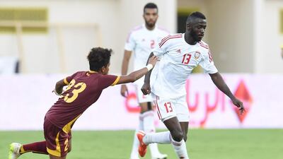 The UAE Under-23 national team, in white, beat Sri Lanka 4-0 in Olympic qualifyiing at Kalba stadium in Sharjah on March 27, 2015. Courtesy UAE FA