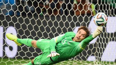 Tim Krul of the Netherlands saves a penalty kick by Michael Umana of Costa Rica (not pictured) to win in a shoot-out during the 2014 Fifa World Cup Brazil Quarter Final match between the Netherlands and Costa Rica at Arena Fonte Nova in Salvador, Brazil. Jamie McDonald / Getty