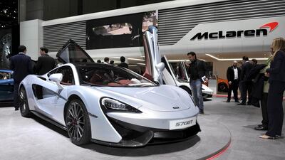 A McLaren 570GT is displayed during the Geneva Motor Show 2016 in March 2, 2016 in Geneva, Switzerland. The UK supercar maker has had a good first half of the year. Harold Cunningham / Getty Images