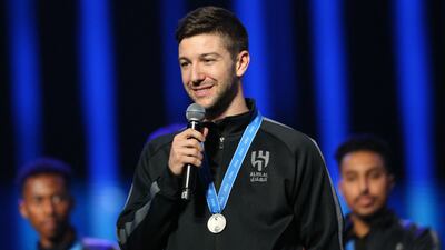 Al Hilal's Luciano Vietto speaks on stage after arriving in Riyadh. Reuters