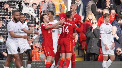 Fabinho celebrates after scoring Liverpool's opening goal. AP