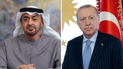 President Sheikh Mohamed and the Turkish President Recep Tayyip Erdogan. Ministry of Presidential Affairs / AFP