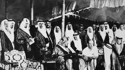 Founder of Saudi Arabia, King Abdelaziz, speaks to the general manager of Aramco, N. Devins, during the opening ceremony of the Riyadh-Dammam train link in October 1951 in Riyadh. Photo: AFP