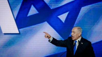 Israeli Prime Minister Benjamin Netanyahu speaking to supporters during a campaign rally at Expo Tel Aviv this month. Getty Images