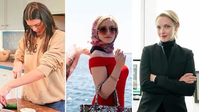 Turn to pop culture moments and people for simple, yet on-trend costumes, including Kendall Jenner trying to cut a cucumber; Julia Garner as Anna Delvey in 'Inventing Anna', and Amanda Seyfried as Elizabeth Holmes in 'The Dropout'. Photo: Netflix, Hulu
