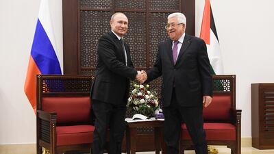 Palestinian President Mahmoud Abbas, right, shakes hands with Russian President Vladimir Putin in Bethlehem on January 23, 2020. Russia has expressed doubts over the feasibility of the Trump peace plan. AP