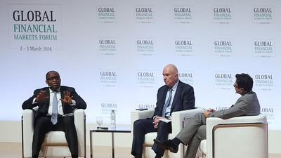 Uche Orji, left, managing director and chief executive of the Nigeria Sovereign Investment Authority and Jean Paul Villian of the Abu Dhabi Investment Authority, centre, and Omeir Jilani meanwhile discussed the roles of sovereign wealth funds in these times of global transition. Ravindranath K / The National