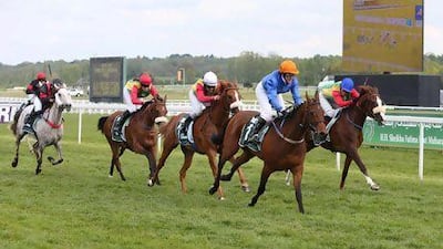 Female jockey Marta Pisarek rides Altesse Kossack, second from right, to a win in the British leg of the HH Sheikha Fatima Bint Mubarak Ladies World Championship. Pisarek will race in Abu Dhabi in November. Wam