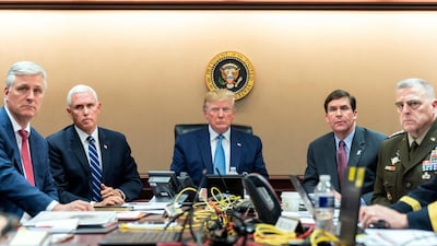 US President Donald Trump is joined by Vice President Mike Pence, second from left, National Security Adviser Robert O’Brien, left; Secretary of Defense Mark Esper, second from right, and Chairman of the Joint Chiefs of Staff Army Gen. Mark A. Milley, right in the Situation Room of the White House monitoring developments as US special forces closed in on Abu Bakr Al Baghdadi's compound in Syria. White House via AP