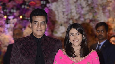Jeetendra with daughter Ekta Kapoor at the engagement party of India's richest man and Reliance Industries Limited Chairman, Mukesh Ambani’s eldest son Akash Ambani and fiancee Shloka Mehta, in Mumbai on June 30, 2018. AFP