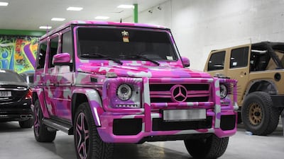 The pink camouflage Mercedes G63. Courtesy Foilx