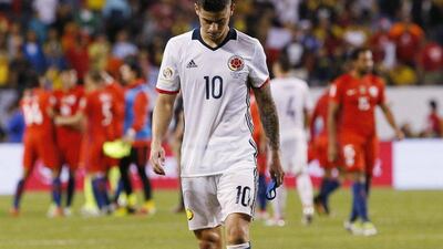Colombia's James Rodriguez (10) leaves the pitch after Chile won the Copa America Centenario semifinal soccer match at Soldier Field in Chicago, Wednesday, June 22, 2016. Chile won 2-0. (AP Photo/Nam Y. Huh)