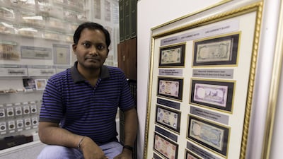 Ram Kumar, founder of Numisbing, a company that deals in old banknotes, in Deira, Dubai. Christopher Pike / The National