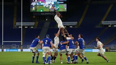 England's Maro Itoje wins the ball at a lineout during their Six Nations victory over Italy at Olimpico Stadium in Rome on Saturday, October 31. Getty