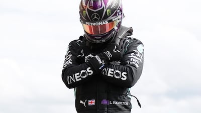 Lewis Hamilton makes the Wakanda salute at the Belgian GP after Chadwick Boseman - the actor who played the lead role in the 'Black Panther' superhero movie - died on Saturday. Getty