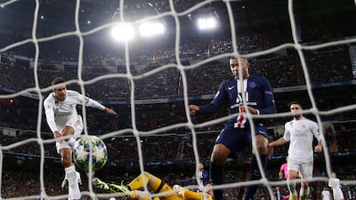 PSG's Kylian Mbappe scores his side's opening goal as they fight back from 2-0 down. AP