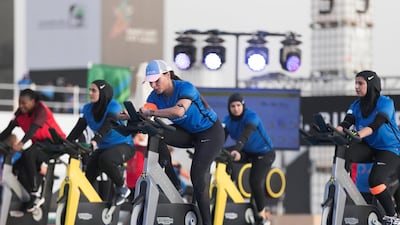 Participants at the burner challenge on the first day of Dubai Government Games in Kite Beach, Dubai, UAE, on May 9, 2018. Reem Mohammed / The National