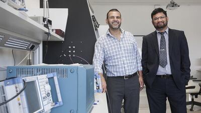Dr Ahsan Khandoker and Dr Hani Saleh from Khalifa University have won Dh500,000 in funding to develop a wristband that can be used to help prevent cardiovascular deaths in athletes and assist those who have health problems get into, or return to, exercise in a safe way. Mona Al Marzooqi/ The National