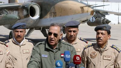 Iraqi defence minister Khaled Al Obeidi speaks during a news conference at an air base in Baghdad on March 26, 2015. Khalid Al Mousily/Reuters