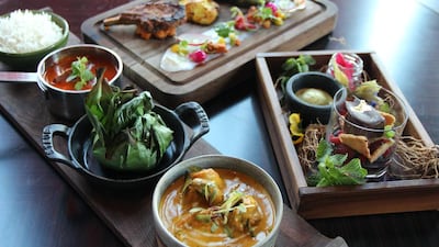 From left: The main course, the kebab platter, and the desserts from Rang Mahal in JW Marriott Marquis Dubai. Courtesy Rang Mahal by Atul Kochhar
