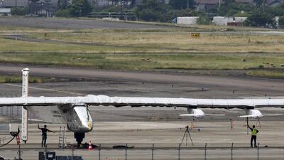 Solar Impulse 2 sits on the tarmac after an unscheduled landing at Nagoya airport in Japan. Reuters /Thomas Peter