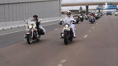 “My husband and I love riding our bikes, and so after we had our traditional wedding on Thursday with family and friends, we had this second wedding with our biker friends,” says Nadia Hussain. “We wanted to do something different.” Photos courtesyAmman Alyoum