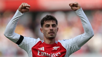 Arsenal's German midfielder #29 Kai Havertz celebrates scoring the opening goal of the English Premier League football match between Arsenal and Wolverhampton Wanderers at the Emirates Stadium in London on August 17, 2024. (Photo by Adrian DENNIS / AFP) / RESTRICTED TO EDITORIAL USE. No use with unauthorized audio, video, data, fixture lists, club/league logos or 'live' services. Online in-match use limited to 120 images. An additional 40 images may be used in extra time. No video emulation. Social media in-match use limited to 120 images. An additional 40 images may be used in extra time. No use in betting publications, games or single club/league/player publications. /