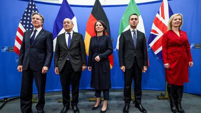 US Secretary of State Antony Blinken, French Foreign Minister Jean-Yves Le Drian, German Foreign Minister Annalena Baerbock, Italian Foreign Minister Luigi Di Maio and British Foreign Secretary Liz Truss at Nato headquarters in Brussels, Belgium, on April 6. Reuters