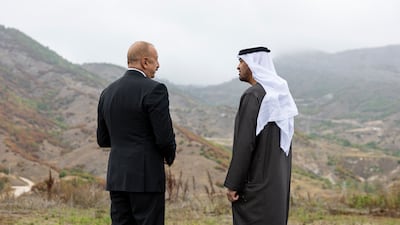 President Sheikh Mohamed and Ilham Aliyev, President of Azerbaijan, in the Karabakh region during an official visit to Azerbaijan. All photos: UAE Presidential Court