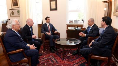 US Senior Presidential Advisor Jared Kushner and Special Representative for International Negotiations Jason Greenblatt meet with Israeli Prime Minister Benjamin Netanyahu at the Prime Minister's office in Jerusalem on June 22. Matty Stern / EPA / US Embassy Jerusalem handout