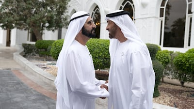 Sheikh Mohamed bin Zayed, Crown Prince of Abu Dhabi and Deputy Supreme Commander of the UAE Armed Forces, greets Sheikh Mohamed bin Rashid, Vice-President, Prime Minister of the UAE, Ruler of Dubai and Minister of Defence upon his arrival at a Sea Palace barza. Mohamed Al Hammadi / Ministry of Presidential Affairs