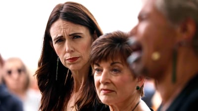 New Zealand's Prime Minister Jacinda Ardern, left, attends the 10th anniversary memorial service. AP Photo