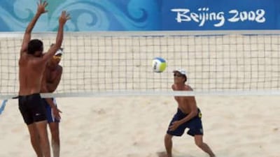 Brazil's team during a training session at Beijing's Chaoyang Park Beach volleyball ground, two days before the beginning of the 2008 Beijing Olympic Games.