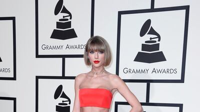 Taylor Swift, in Versace, arrives for the Grammy Awards ceremony at the Staples Centre in Los Angeles, California, on February 15, 2016. EPA