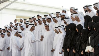 Sheikh Mohammed bin Zayed, Crown Prince of Abu Dhabi and Deputy Supreme Commander of the Armed Forces, speaks to a delegation from the Abu Dhabi section of the 2015 National Election Committee, during a Sea Palace barza. Seen with Sheikh Hamdan bin Zayed, Ruler’s Representative in the Western Region of Abu Dhabi, and Jaber Al Suwaidi, General Director of the Crown Prince Court - Abu Dhabi. Ryan Carter / Crown Prince Court - Abu Dhabi
