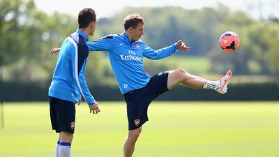 Kim Kallstrom of Arsenal in action during a training session on Wednesday ahead of the FA Cup final against Hull City on Saturday. Clive Mason / Getty Images / May 14, 2014