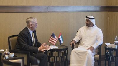 Sheikh Mohammed bin Zayed, Crown Prince of Abu Dhabi and Deputy Supreme Commander of the Armed Forces, meets with James Mattis, the United States secretary of defence, at The Dusit Thani hotel. Hamad Al Kaabi / Crown Prince Court - Abu Dhabi —