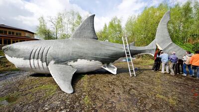 Helpers carry the tailfin to attach it to a life-size reconstruction of a ‘Megalodon’, a prehistoric giant shark, in the Dinosaur Park in Muenchehagen, Germany, 14 April 2014. With a length of 15 to 20 meters the ‘Megalodon’ is suggested to look like the ‘big brother’ of the great white shark. Christoph / EPA