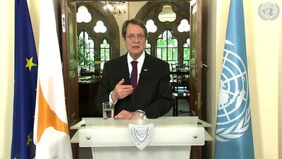 Nicos Anastasiades, President of Cyprus, speaks in a pre-recorded message which was played during the 75th session of the United Nations General Assembly, Thursday September 24, 2020, at UN headquarters. UNTV via AP