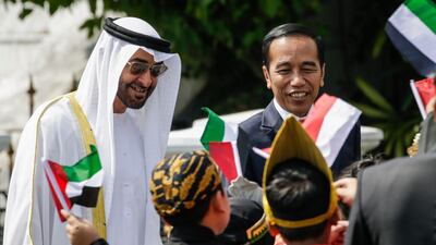 Abu Dhabi's Crown Prince Sheikh Mohamed bin Zayed and Indonesian President Joko Widodo at the presidential palace in Bogor, Indonesia. AP