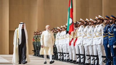 President Sheikh Mohamed welcomes India's Prime Minister Narendra Modi to the Presidential Airport in Abu Dhabi, where they inspect the UAE Armed Forces honour guards. All photos: UAE Presidential Court