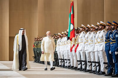 Sheikh Mohamed, UAE President with India Prime Minister Narendra Modi during a visit to the UAE in May. Photo: UAE Presidential Court