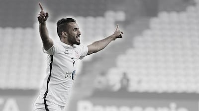 Ali Mabkhout tops the AGL scoring chart this season with 15 goals in 10 matches. Photo: Adil Al Naimi / Aletihad; Illustration: Jonathan Raymond / The National