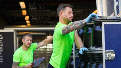 Abu Dhabi Grand Prix preparations 2019. Red Bull pit technicians busy with race-day preparations. Victor Besa / The National
