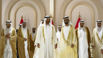 The UAE's Rulers and Crown Princes attend the wedding of Sheikh Hamdan bin Mohammed, Crown Prince of Dubai, Sheikh Maktoum bin Mohammed, Deputy Ruler of Dubai, and Sheikh Ahmed bin Mohammed, Chairman of the Mohammed bin Rashid Al Maktoum Knowledge Foundation, on Thursday at Dubai World Trade Centre. Abdullah Al Junaibi for Ministry of Presidential Affairs