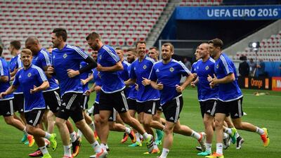 Northern Ireland's players attend a training session at the Allianz Riviera stadium in Nice on Saturday ahead of their Euro 2016 opener against Poland on Sunday. Attila Kisbenedek / AFP / June 11, 2016