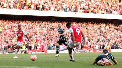 Arsenal's Gabriel Jesus scores their third goal in the 3-1 Premier League victory over Manchester United at the Emirates Stadium in London on September 3, 2023. Reuters