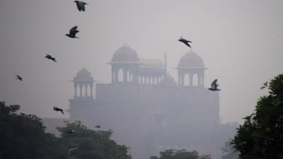 Birds fly past the Red Fort as smog envelop the old quarters of New Delhi on November 6, 2017. / AFP PHOTO / DOMINIQUE FAGET