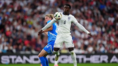 England defender Marc Guehi under pressure from Iceland's Andri Gudjohnsen. The Crystal Palace player is set to start England's opening match of the Euros against Serbia. PA