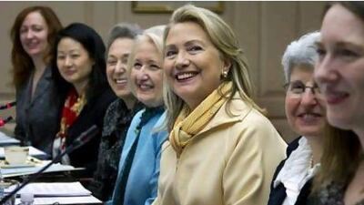 One of the priorities of Hillary Clinton, the US secretary of state, is women's empowerment.Above, with a delegation in Washington. Manuel Balce Ceneta / AP Photo
